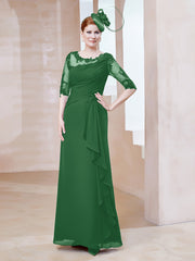 Robe en Mousseline à Manches Mi-longues et Décolleté Illusion avec Dentelle Emeraude Grande Taille