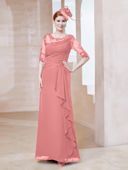 Robe en Mousseline à Manches Mi-longues et Décolleté Illusion avec Dentelle Flamant Grande Taille