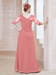 Robe en Mousseline à Manches Mi-longues et Décolleté Illusion avec Dentelle Flamant Grande Taille