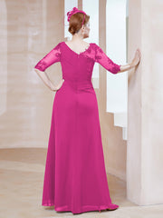 Robe en Mousseline à Manches Mi-longues et Décolleté Illusion avec Dentelle Fuchsia
