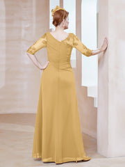 Robe en Mousseline à Manches Mi-longues et Décolleté Illusion avec Dentelle Or Grande Taille