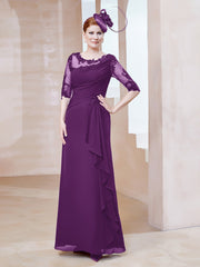 Robe en Mousseline à Manches Mi-longues et Décolleté Illusion avec Dentelle Raisin
