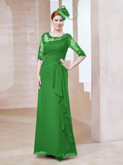 Robe en Mousseline à Manches Mi-longues et Décolleté Illusion avec Dentelle Vert