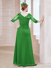 Robe en Mousseline à Manches Mi-longues et Décolleté Illusion avec Dentelle Vert Grande Taille