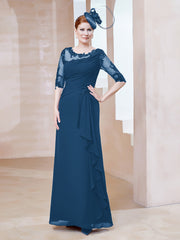 Robe en Mousseline à Manches Mi-longues et Décolleté Illusion avec Dentelle Bleu Encre