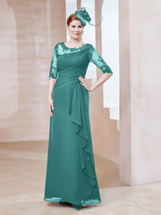 Robe en Mousseline à Manches Mi-longues et Décolleté Illusion avec Dentelle Jade