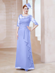 Robe en Mousseline à Manches Mi-longues et Décolleté Illusion avec Dentelle Lavande