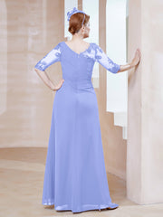 Robe en Mousseline à Manches Mi-longues et Décolleté Illusion avec Dentelle Lavande