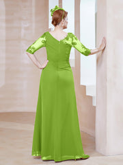 Robe en Mousseline à Manches Mi-longues et Décolleté Illusion avec Dentelle Vert Citron