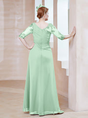 Robe en Mousseline à Manches Mi-longues et Décolleté Illusion avec Dentelle Vert Menthe