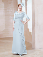 Robe en Mousseline à Manches Mi-longues et Décolleté Illusion avec Dentelle Brume