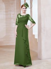 Robe en Mousseline à Manches Mi-longues et Décolleté Illusion avec Dentelle Mousse