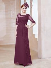 Robe en Mousseline à Manches Mi-longues et Décolleté Illusion avec Dentelle Mûre