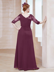 Robe en Mousseline à Manches Mi-longues et Décolleté Illusion avec Dentelle Mûre