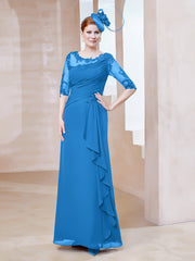 Robe en Mousseline à Manches Mi-longues et Décolleté Illusion avec Dentelle Bleu Océan