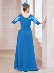 Robe en Mousseline à Manches Mi-longues et Décolleté Illusion avec Dentelle Bleu Océan