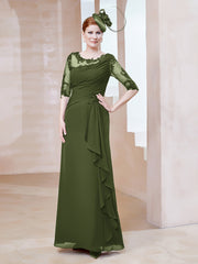 Robe en Mousseline à Manches Mi-longues et Décolleté Illusion avec Dentelle Olive Verte