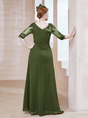 Robe en Mousseline à Manches Mi-longues et Décolleté Illusion avec Dentelle Olive Verte