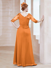 Robe en Mousseline à Manches Mi-longues et Décolleté Illusion avec Dentelle Orange