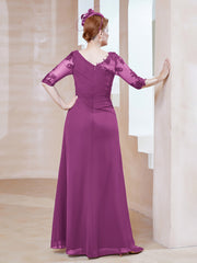 Robe en Mousseline à Manches Mi-longues et Décolleté Illusion avec Dentelle Orchidee