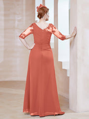 Robe en Mousseline à Manches Mi-longues et Décolleté Illusion avec Dentelle Papaye