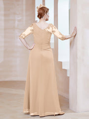 Robe en Mousseline à Manches Mi-longues et Décolleté Illusion avec Dentelle Pêche