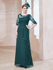 Robe en Mousseline à Manches Mi-longues et Décolleté Illusion avec Dentelle Paon