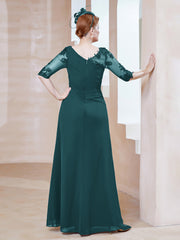 Robe en Mousseline à Manches Mi-longues et Décolleté Illusion avec Dentelle Paon