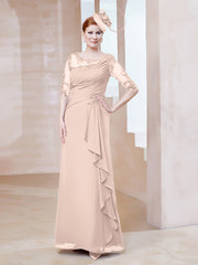 Robe en Mousseline à Manches Mi-longues et Décolleté Illusion avec Dentelle Rose Perle