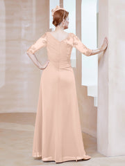 Robe en Mousseline à Manches Mi-longues et Décolleté Illusion avec Dentelle Rose Perle