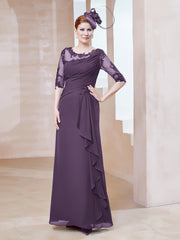 Robe en Mousseline à Manches Mi-longues et Décolleté Illusion avec Dentelle Plum