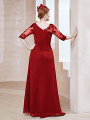 Robe en Mousseline à Manches Mi-longues et Décolleté Illusion avec Dentelle Rouge