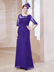 Robe en Mousseline à Manches Mi-longues et Décolleté Illusion avec Dentelle Régence