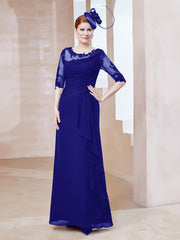 Robe en Mousseline à Manches Mi-longues et Décolleté Illusion avec Dentelle Bleu Royale Grande Taille