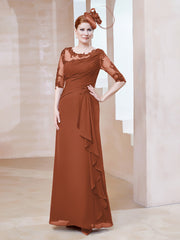 Robe en Mousseline à Manches Mi-longues et Décolleté Illusion avec Dentelle Rouille Grande Taille