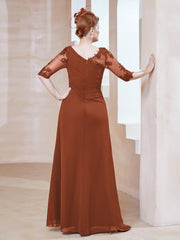 Robe en Mousseline à Manches Mi-longues et Décolleté Illusion avec Dentelle Rouille Grande Taille