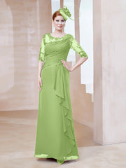 Robe en Mousseline à Manches Mi-longues et Décolleté Illusion avec Dentelle Sauge Grande Taille