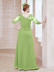 Robe en Mousseline à Manches Mi-longues et Décolleté Illusion avec Dentelle Sauge