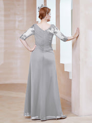 Robe en Mousseline à Manches Mi-longues et Décolleté Illusion avec Dentelle Argent