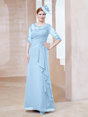 Robe en Mousseline à Manches Mi-longues et Décolleté Illusion avec Dentelle Bleu Ciel Grande Taille