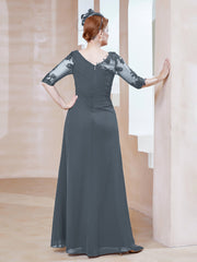 Robe en Mousseline à Manches Mi-longues et Décolleté Illusion avec Dentelle Bleu de Schiste