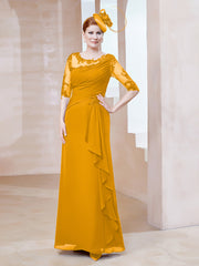 Robe en Mousseline à Manches Mi-longues et Décolleté Illusion avec Dentelle Mandarine