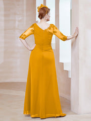 Robe en Mousseline à Manches Mi-longues et Décolleté Illusion avec Dentelle Mandarine