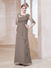 Robe en Mousseline à Manches Mi-longues et Décolleté Illusion avec Dentelle Taupe Grande Taille