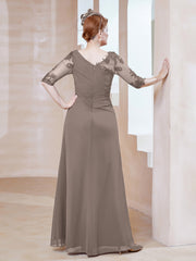 Robe en Mousseline à Manches Mi-longues et Décolleté Illusion avec Dentelle Taupe Grande Taille
