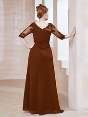 Robe en Mousseline à Manches Mi-longues et Décolleté Illusion avec Dentelle Terracotta