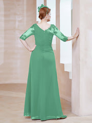 Robe en Mousseline à Manches Mi-longues et Décolleté Illusion avec Dentelle Turquoise Grande Taille