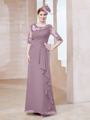 Robe en Mousseline à Manches Mi-longues et Décolleté Illusion avec Dentelle Vintage Mauve Grande Taille