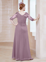 Robe en Mousseline à Manches Mi-longues et Décolleté Illusion avec Dentelle Vintage Mauve Grande Taille