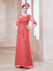 Robe en Mousseline à Manches Mi-longues et Décolleté Illusion avec Dentelle Pastèque